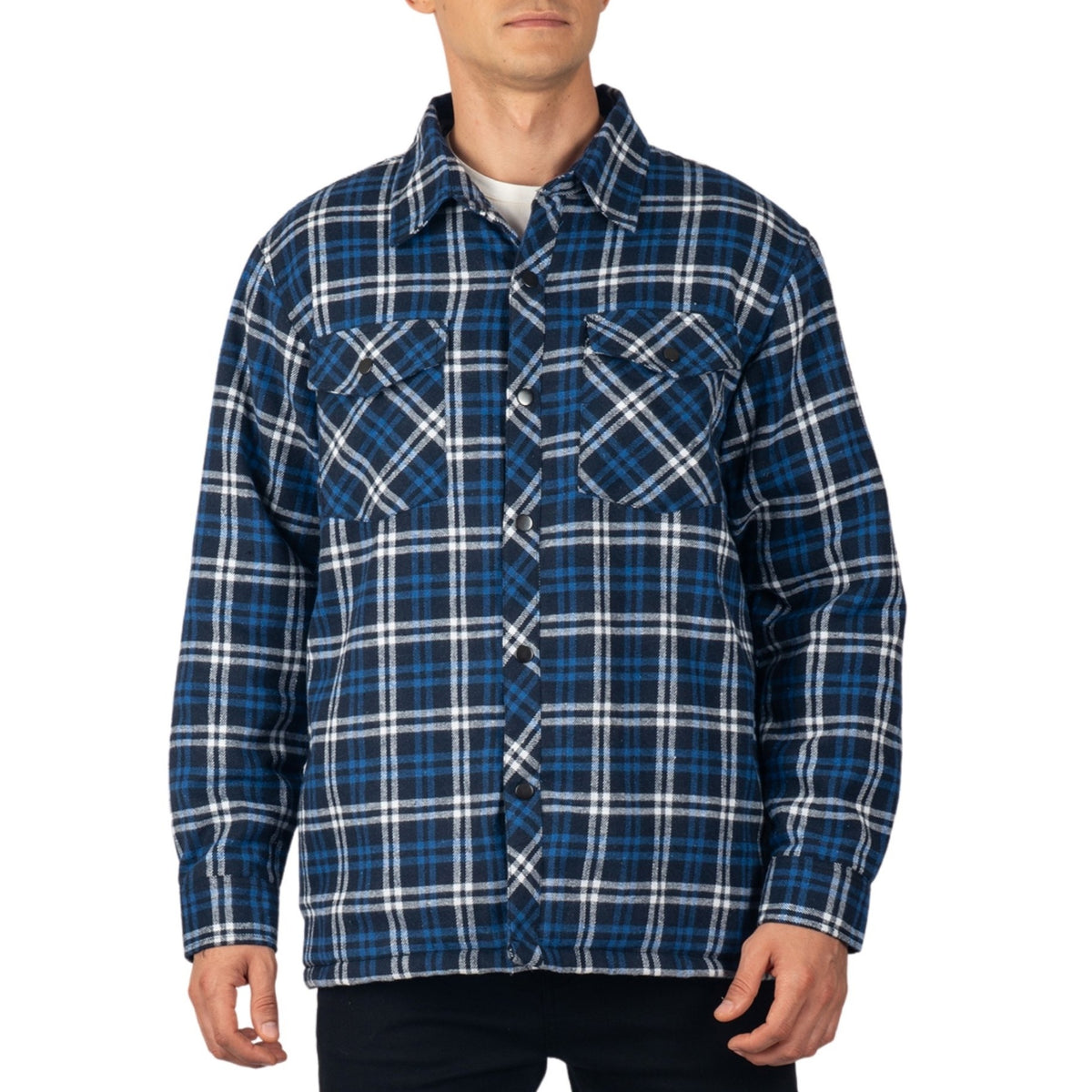 Alpine Swiss Henry Mens Quilted Flannel Jacket Warm Plaid Snap Front Shacket – Navy Blue