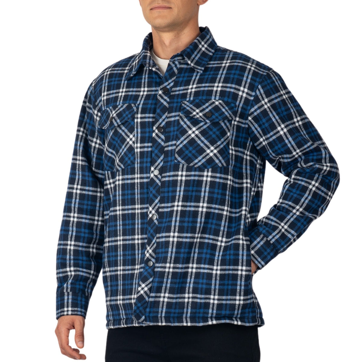 Alpine Swiss Henry Mens Quilted Flannel Jacket Warm Plaid Snap Front Shacket – Navy Blue