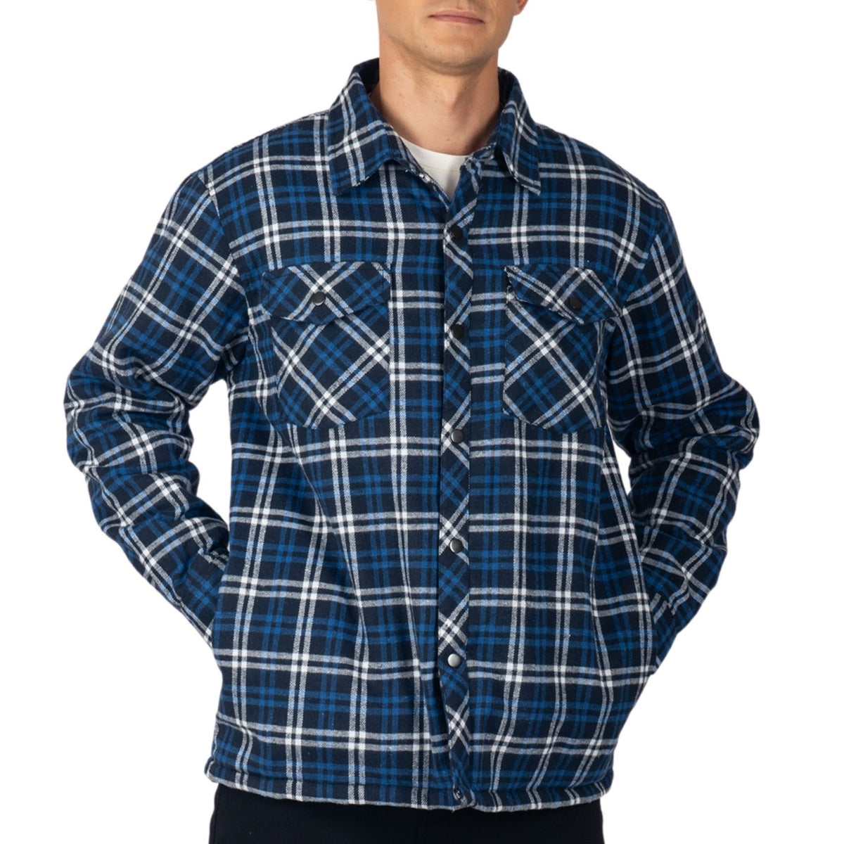 Alpine Swiss Henry Mens Quilted Flannel Jacket Warm Plaid Snap Front Shacket – Navy Blue