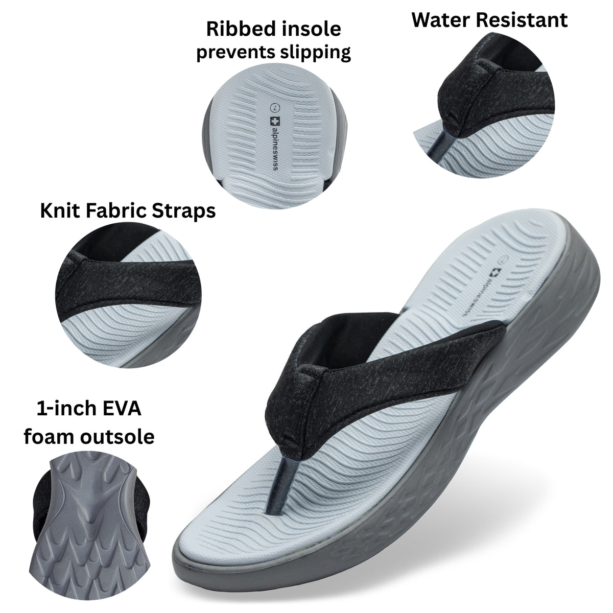 Alpine Swiss Holly Womens Flip Flops Comfortable Anti Slip EVA Foam Thong Sandals – Black