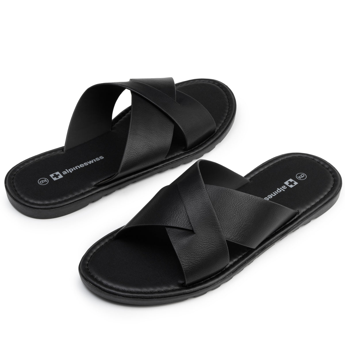 Alpine Swiss Hugo Mens Vegan Leather Slide Sandals Dressy Comfy Indoor Outdoor Shoes – Black