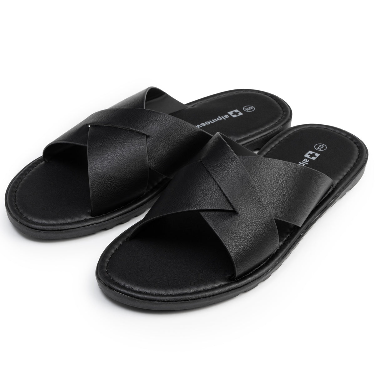 Alpine Swiss Hugo Mens Vegan Leather Slide Sandals Dressy Comfy Indoor Outdoor Shoes – Black
