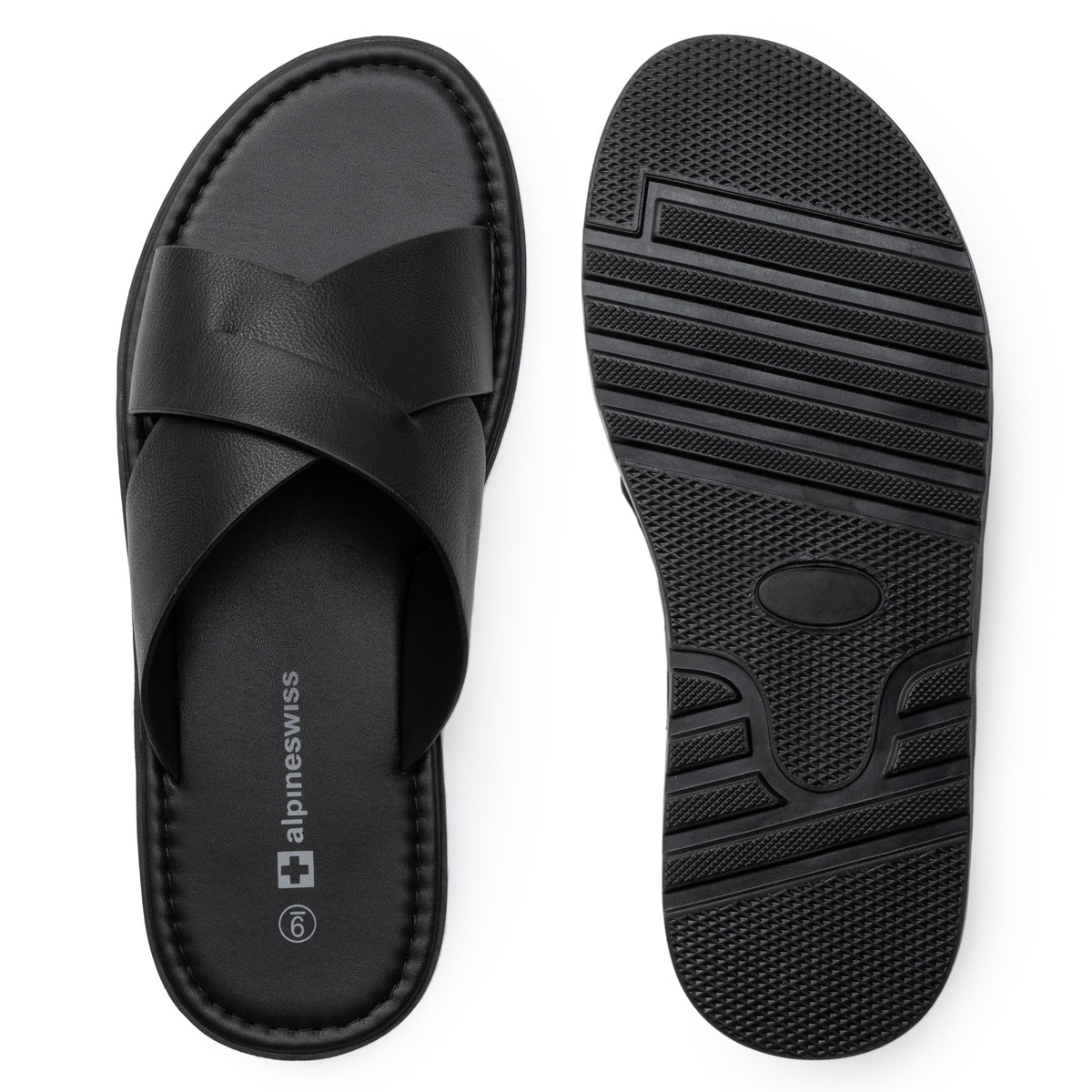 Alpine Swiss Hugo Mens Vegan Leather Slide Sandals Dressy Comfy Indoor Outdoor Shoes – Black