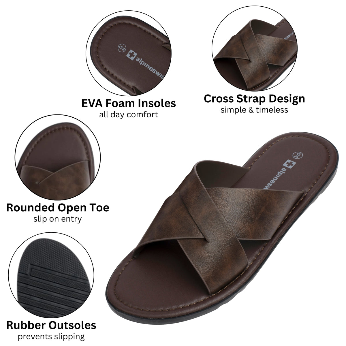 Alpine Swiss Hugo Mens Vegan Leather Slide Sandals Dressy Comfy Indoor Outdoor Shoes – Brown