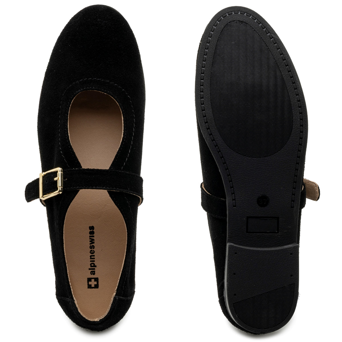 Alpine Swiss Irene Womens Leather Mary Jane Ballet Flats Round Toe Slip On Shoes – Black Suede