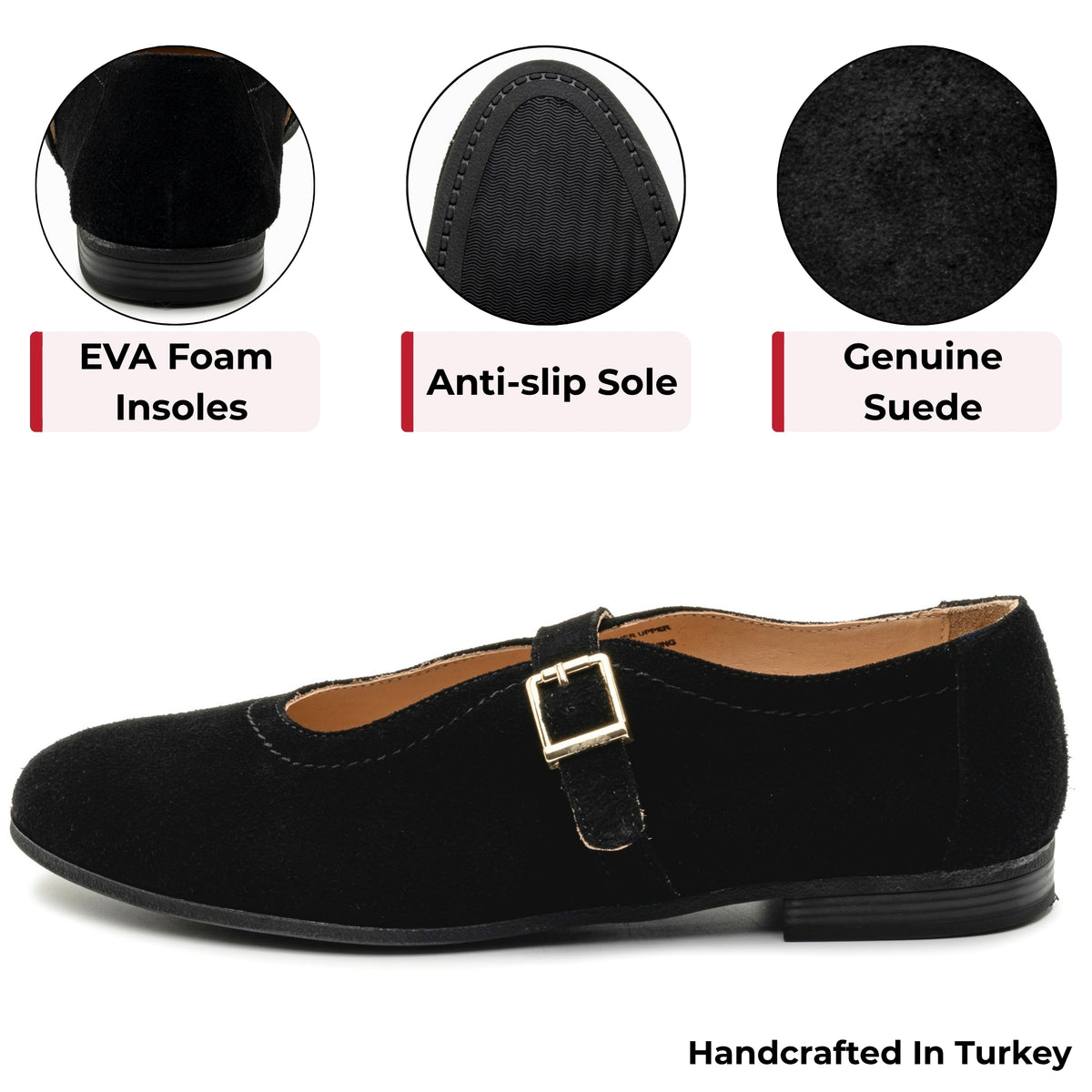 Alpine Swiss Irene Womens Leather Mary Jane Ballet Flats Round Toe Slip On Shoes – Black Suede