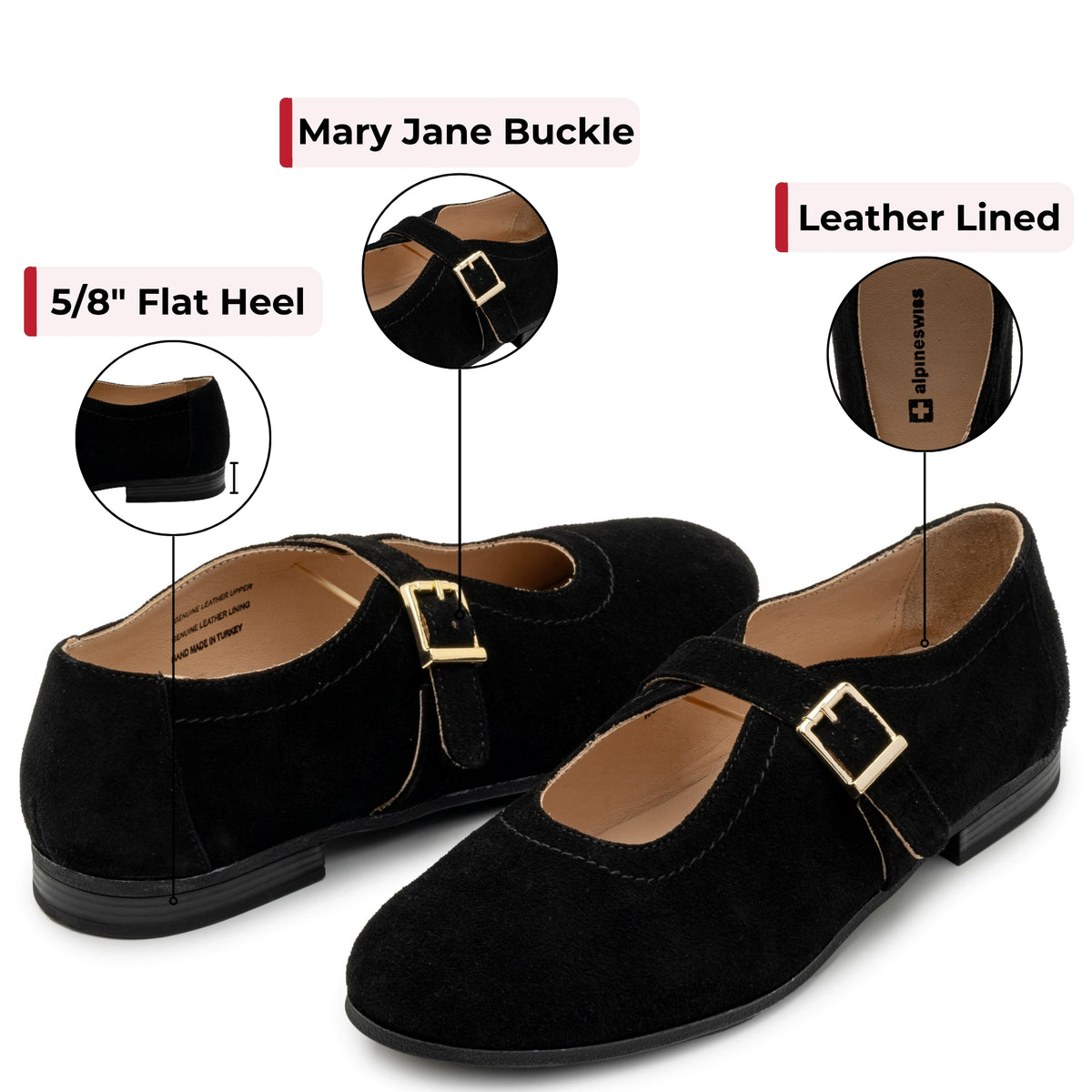 Alpine Swiss Irene Womens Leather Mary Jane Ballet Flats Round Toe Slip On Shoes – Black Suede