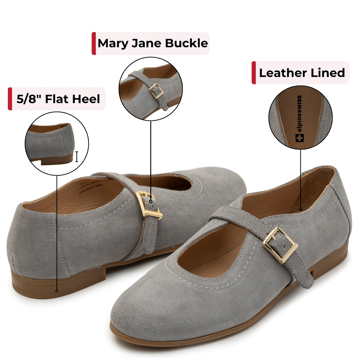 Alpine Swiss Irene Womens Leather Mary Jane Ballet Flats Round Toe Slip On Shoes – Gray Suede