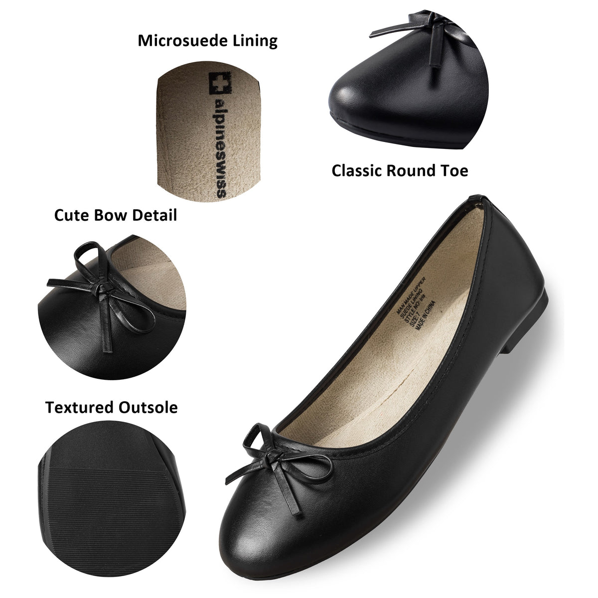 Alpine Swiss Iris Womens Ballet Flats Classic Bow Slip On Comfortable Shoes – Black