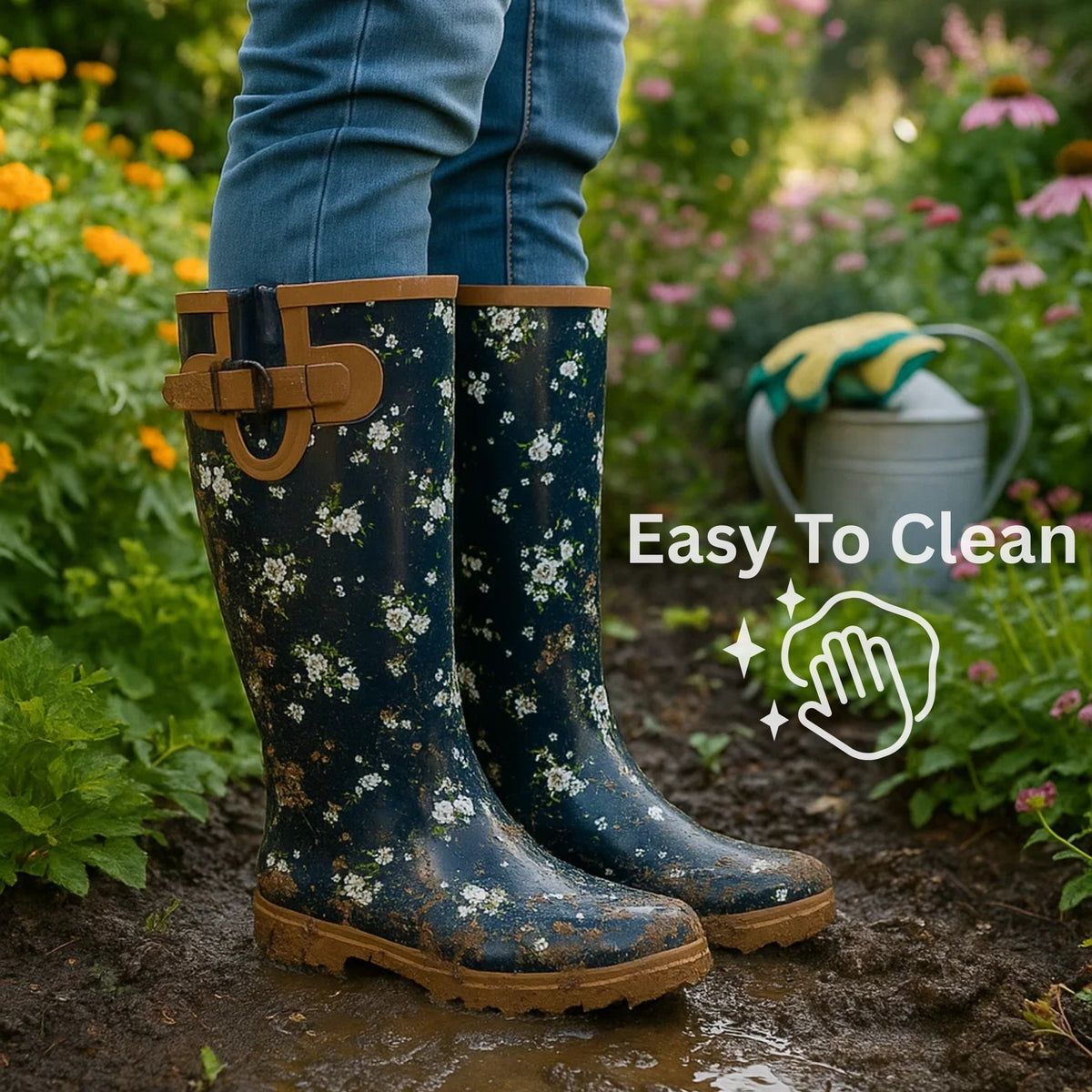 Alpine Swiss Izzy Womens Waterproof Rain Boots Mid Calf Tall Rubber Garden Boots – Flower Tall