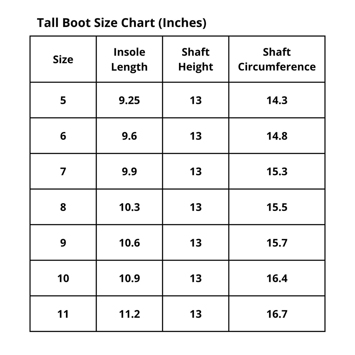 Izzy tall size chart