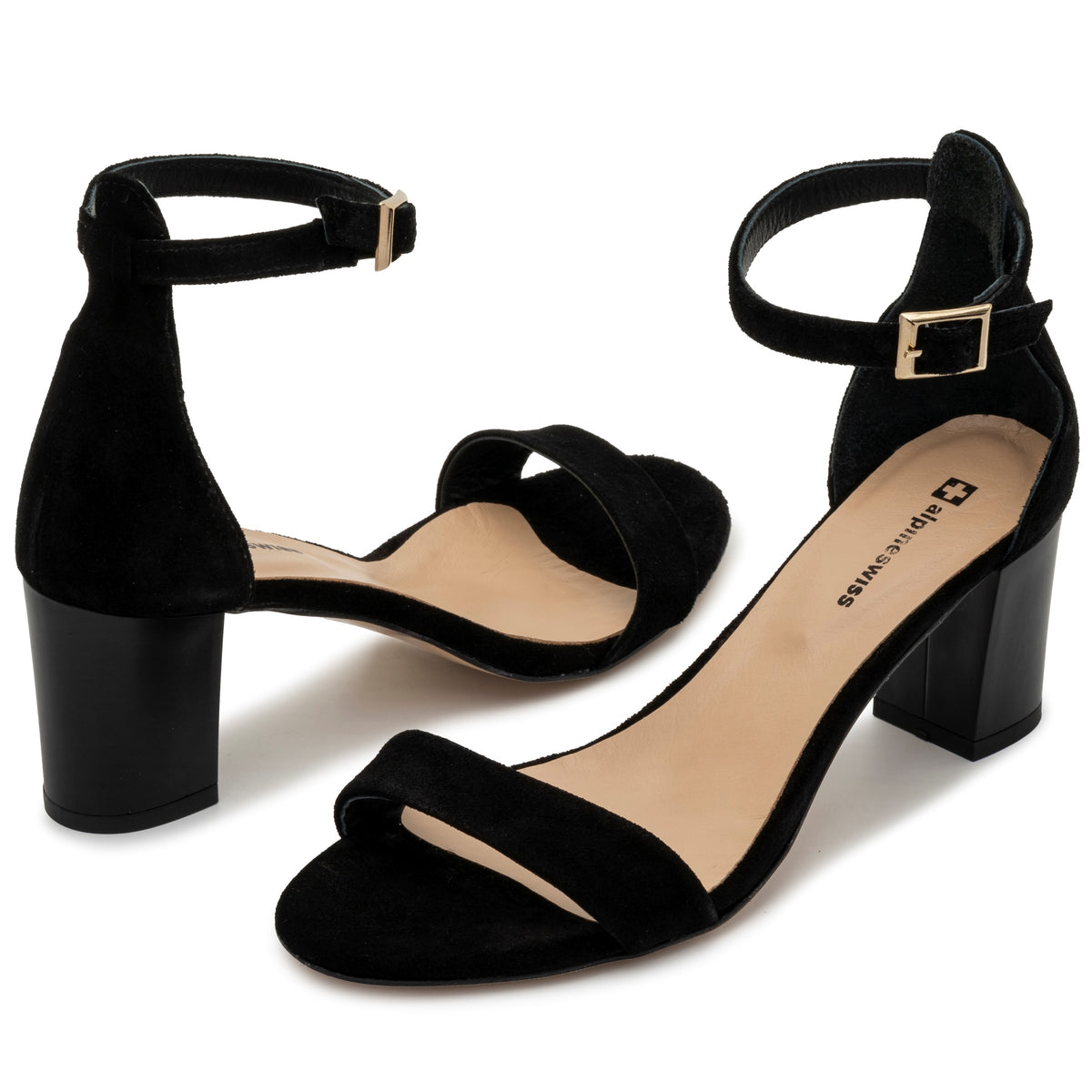 Alpine Swiss Womens Leather Ankle Strap Low Heel Sandals Comfort Dressy Shoes – Black Suede