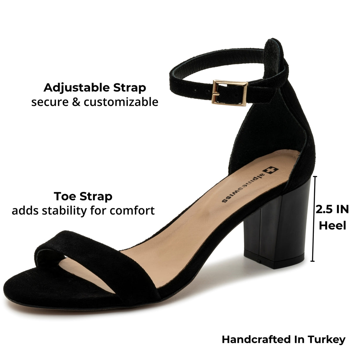 Alpine Swiss Womens Leather Ankle Strap Low Heel Sandals Comfort Dressy Shoes – Black Suede
