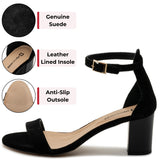 Alpine Swiss Womens Leather Ankle Strap Low Heel Sandals Comfort Dressy Shoes – Black Suede