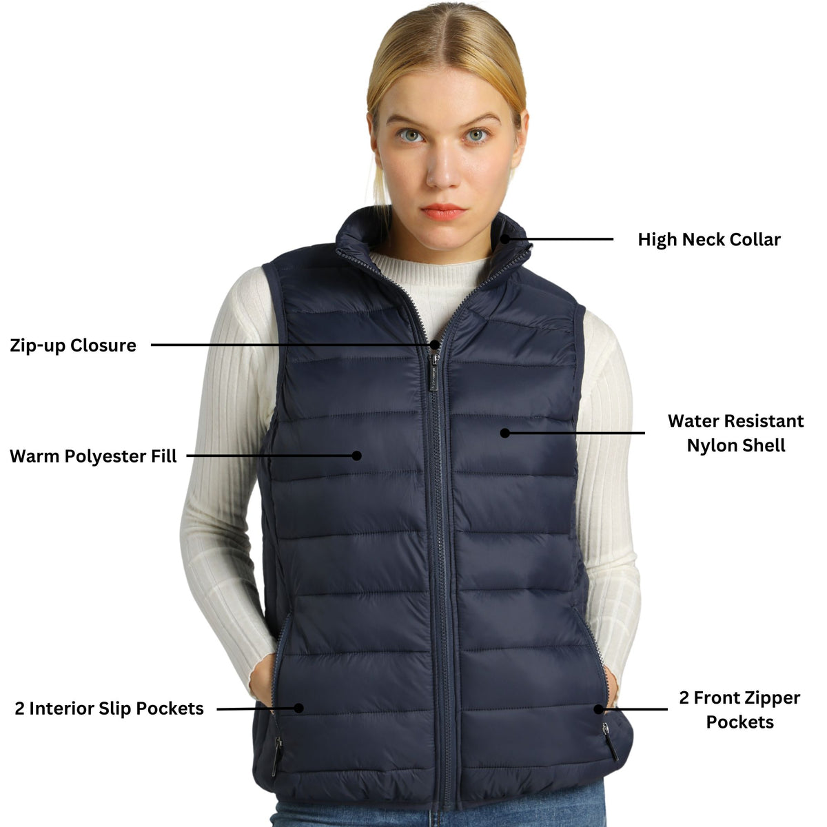 Alpine Swiss Jodie Womens Puffer Vest Warm Light Down Alternative Insulated Vest – Navy