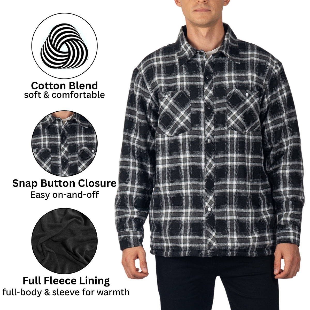 Alpine Swiss Josh Mens Fleece Flannel Jacket Warm Snap Button Plaid Shacket – Black Gray