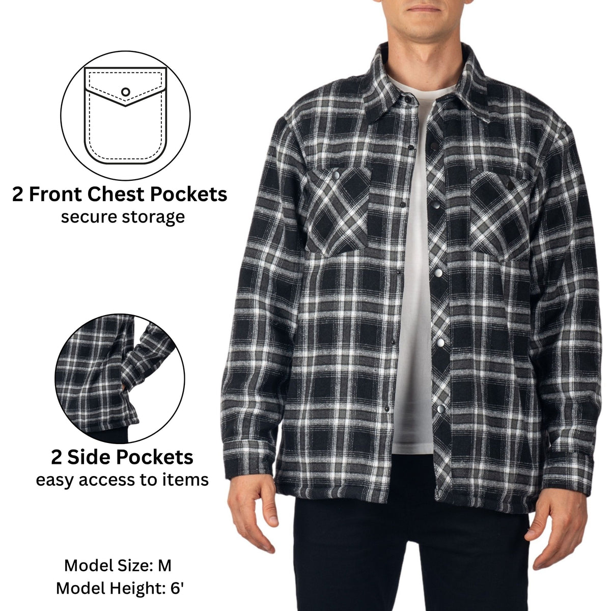 Alpine Swiss Josh Mens Fleece Flannel Jacket Warm Snap Button Plaid Shacket – Black Gray