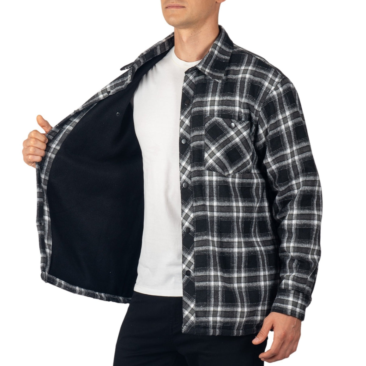 Alpine Swiss Josh Mens Fleece Flannel Jacket Warm Snap Button Plaid Shacket – Black Gray