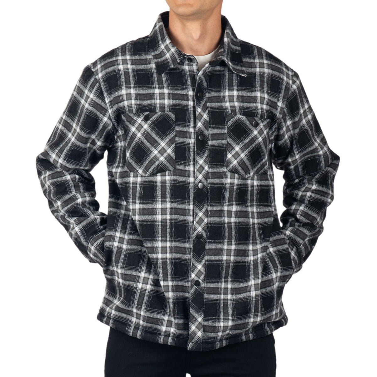 Alpine Swiss Josh Mens Fleece Flannel Jacket Warm Snap Button Plaid Shacket – Black Gray