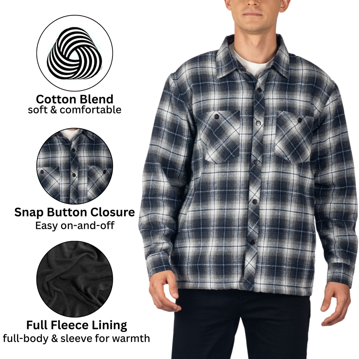 Alpine Swiss Josh Mens Fleece Flannel Jacket Warm Snap Button Plaid Shacket – Blue Gray