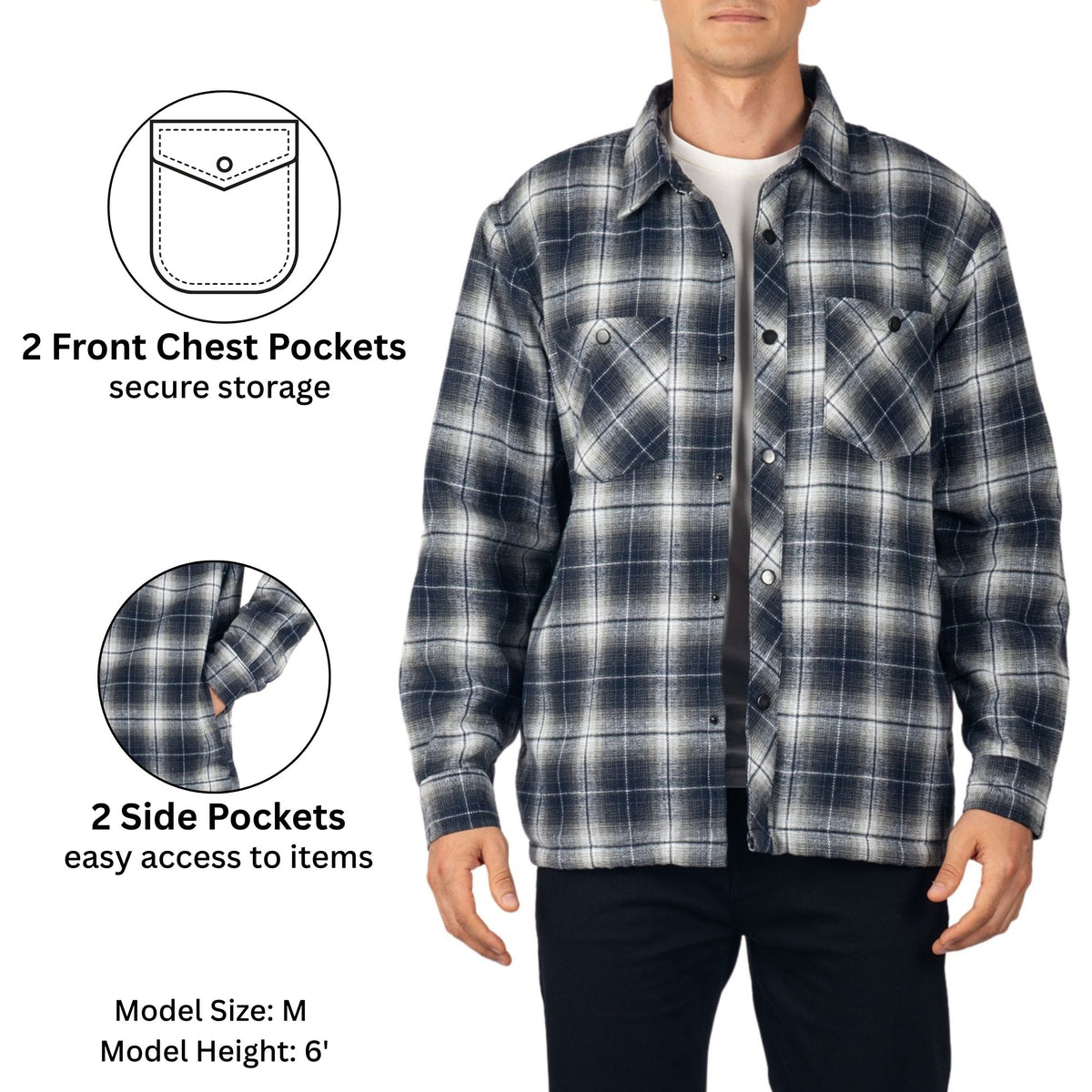 Alpine Swiss Josh Mens Fleece Flannel Jacket Warm Snap Button Plaid Shacket – Blue Gray