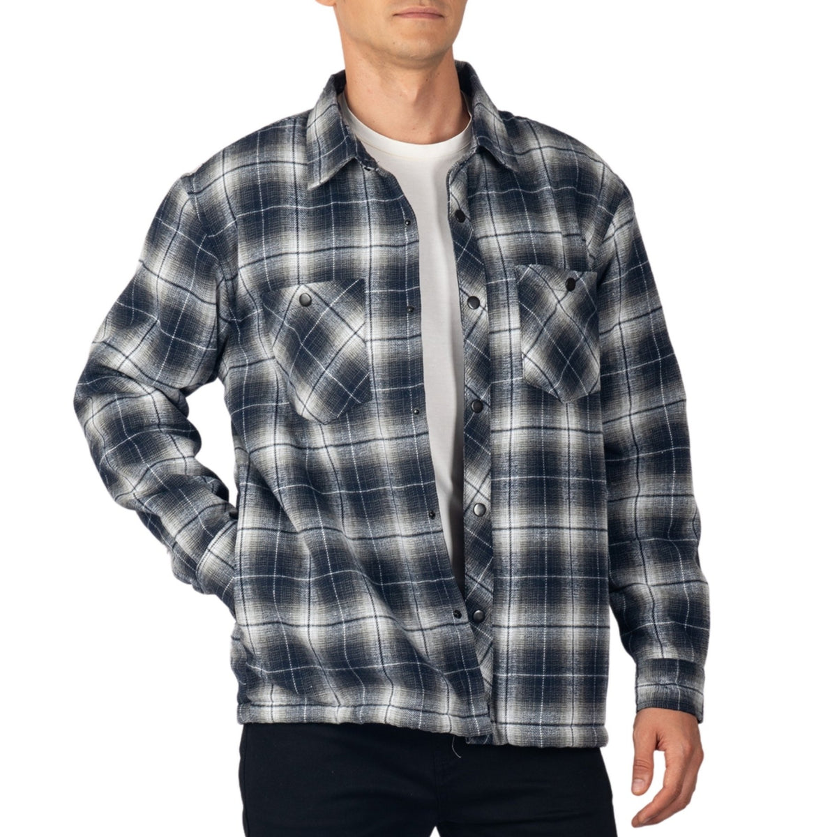 Alpine Swiss Josh Mens Fleece Flannel Jacket Warm Snap Button Plaid Shacket – Blue Gray