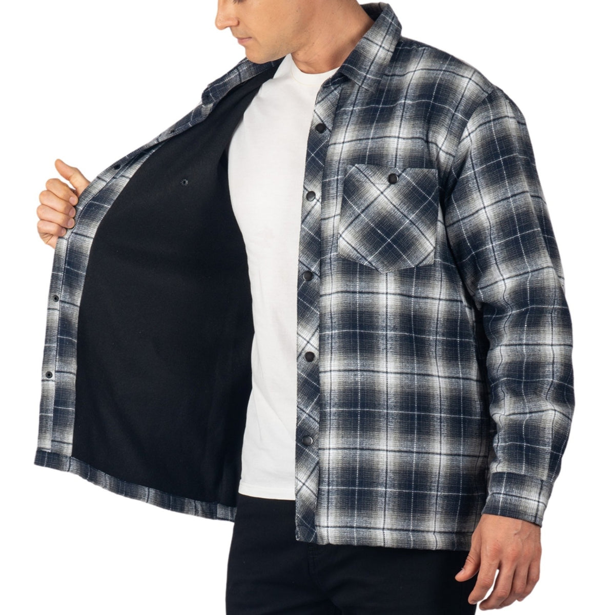 Alpine Swiss Josh Mens Fleece Flannel Jacket Warm Snap Button Plaid Shacket – Blue Gray