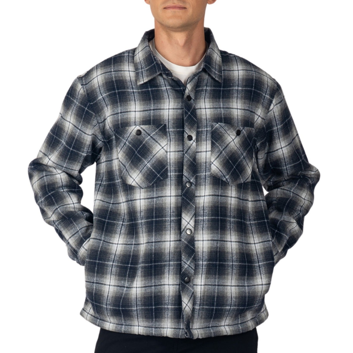 Alpine Swiss Josh Mens Fleece Flannel Jacket Warm Snap Button Plaid Shacket – Blue Gray