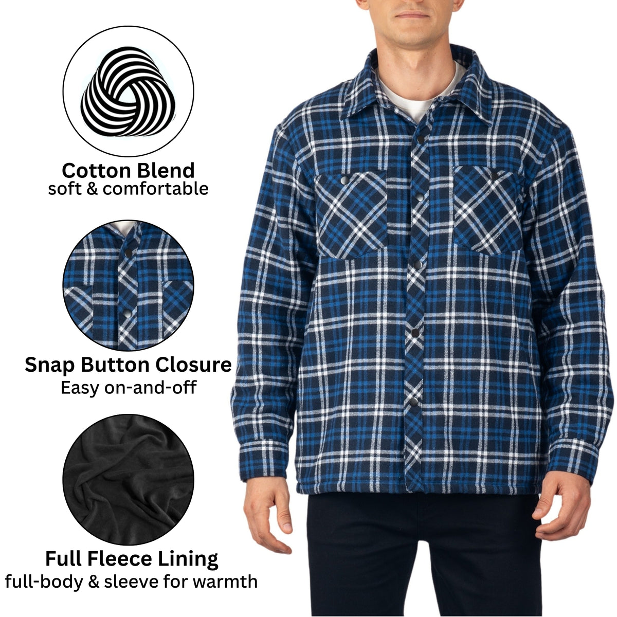 Alpine Swiss Josh Mens Fleece Flannel Jacket Warm Snap Button Plaid Shacket – Navy Blue