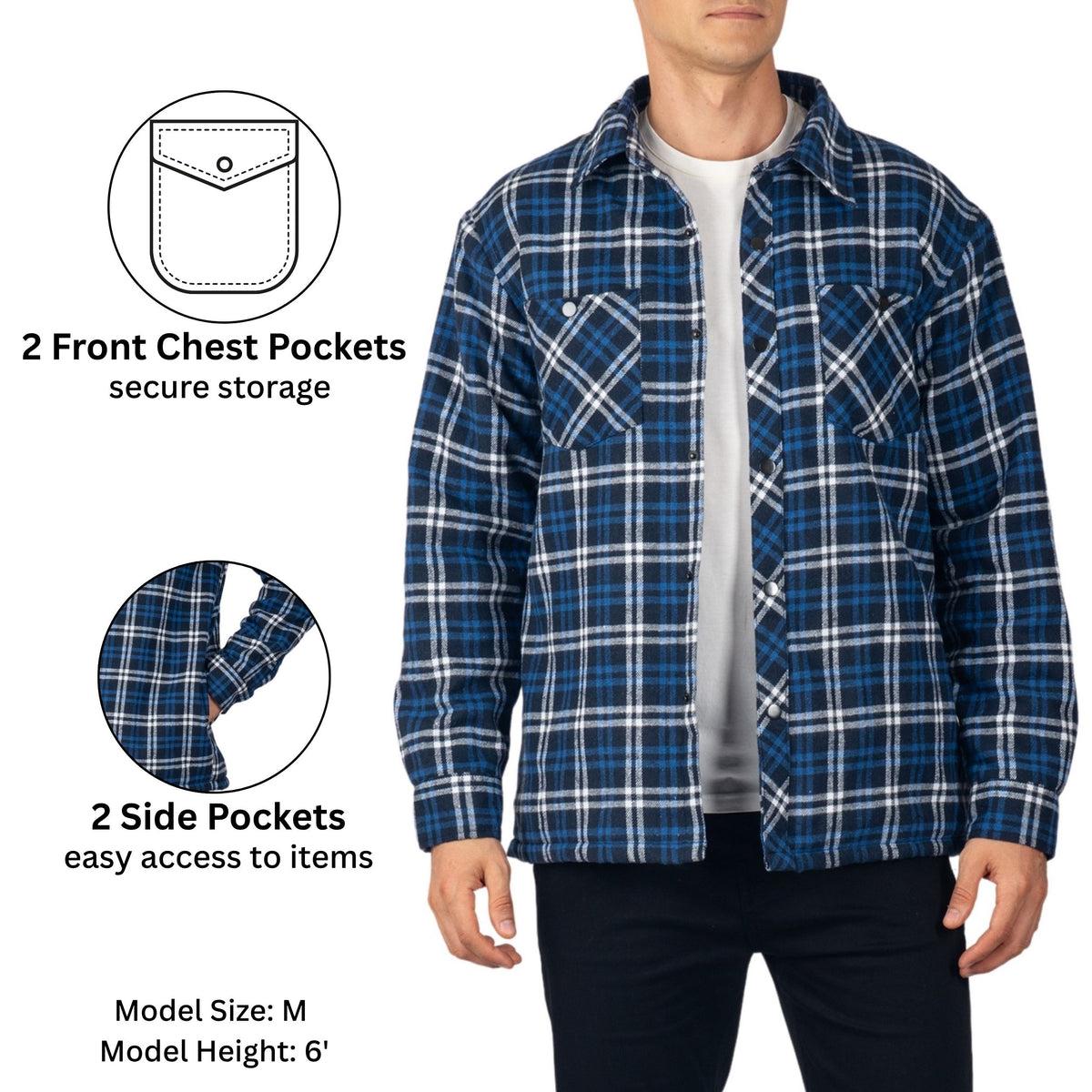 Alpine Swiss Josh Mens Fleece Flannel Jacket Warm Snap Button Plaid Shacket – Navy Blue
