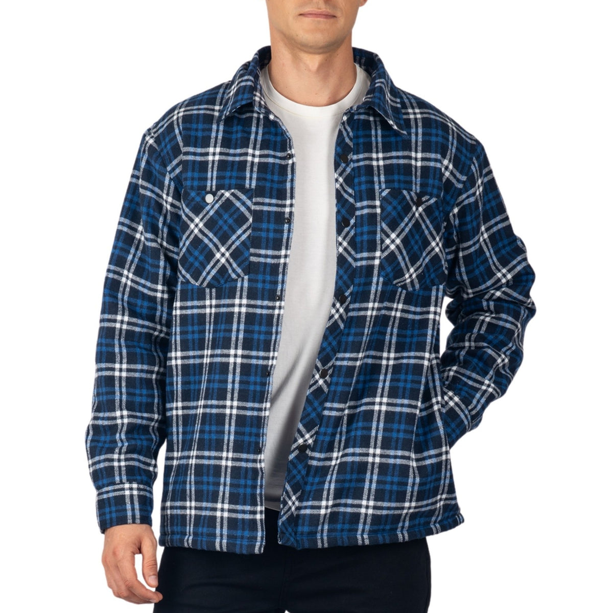 Alpine Swiss Josh Mens Fleece Flannel Jacket Warm Snap Button Plaid Shacket – Navy Blue