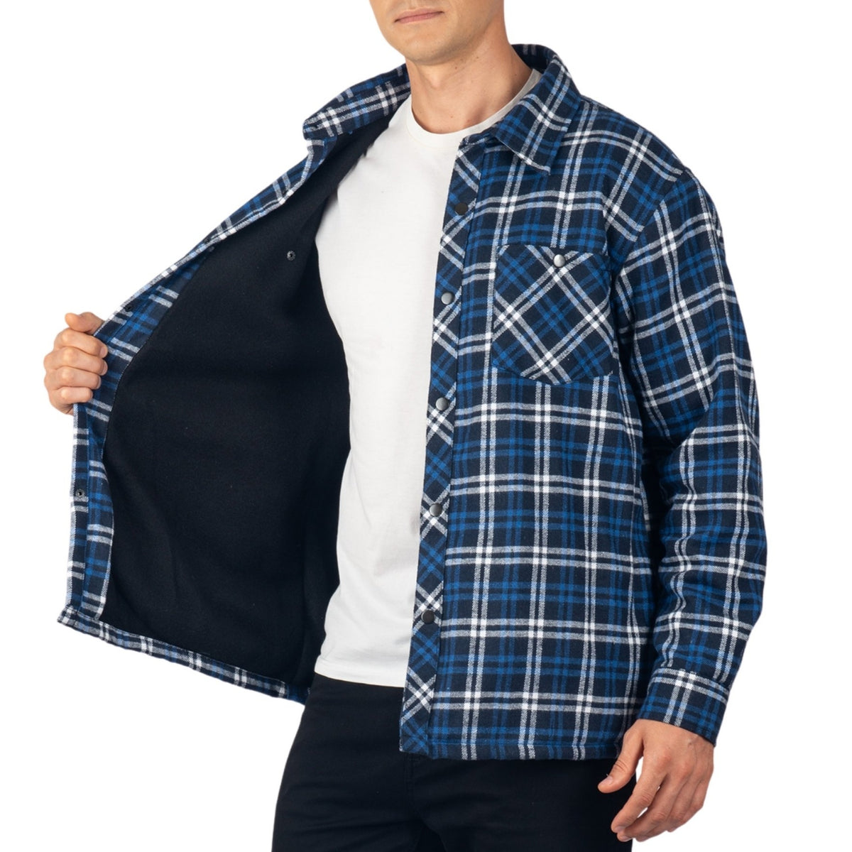 Alpine Swiss Josh Mens Fleece Flannel Jacket Warm Snap Button Plaid Shacket – Navy Blue