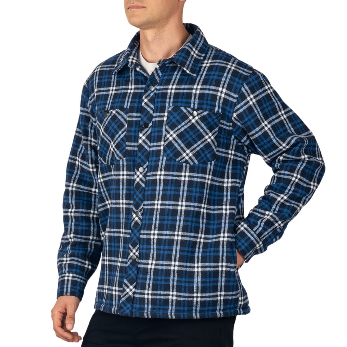 Alpine Swiss Josh Mens Fleece Flannel Jacket Warm Snap Button Plaid Shacket – Navy Blue