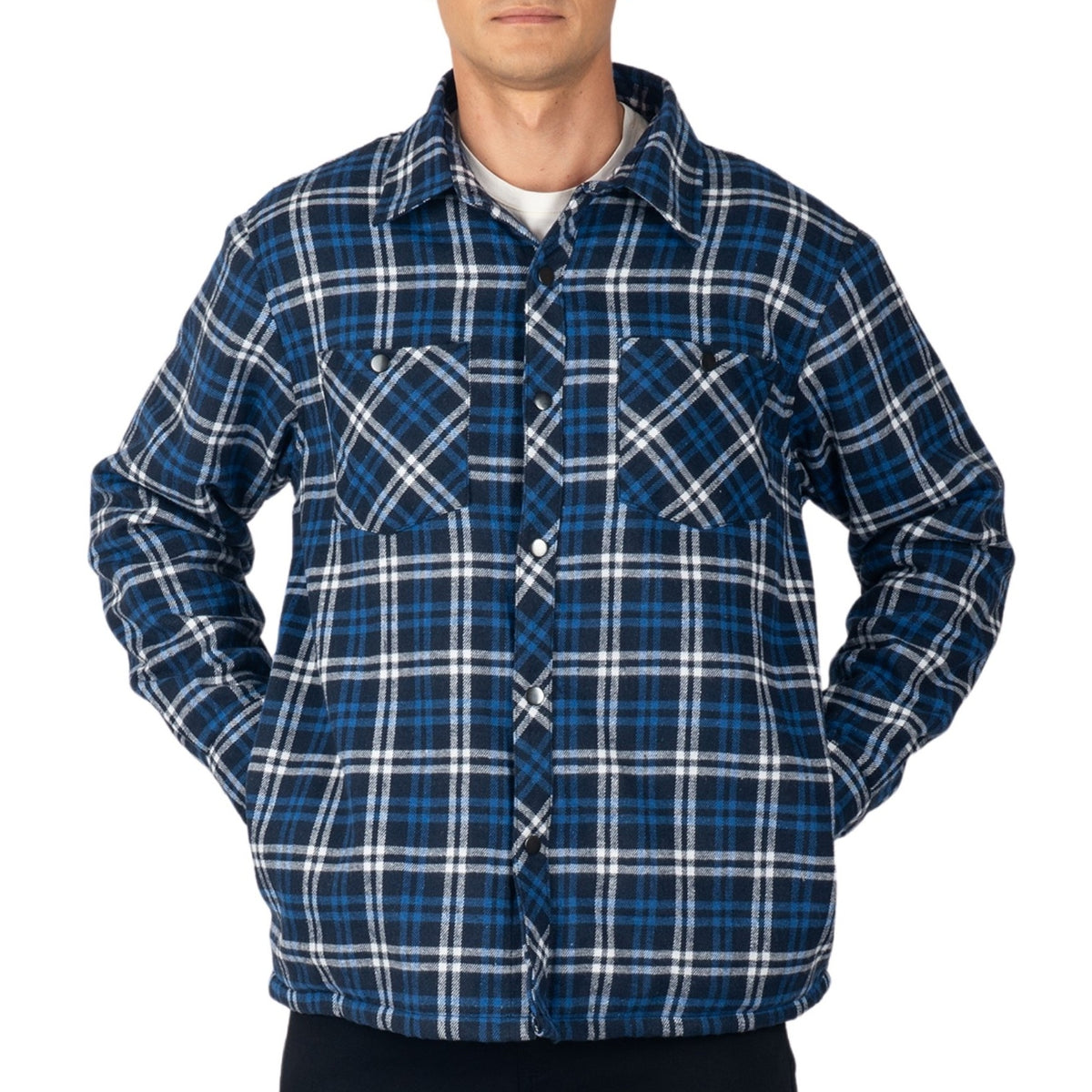 Alpine Swiss Josh Mens Fleece Flannel Jacket Warm Snap Button Plaid Shacket – Navy Blue