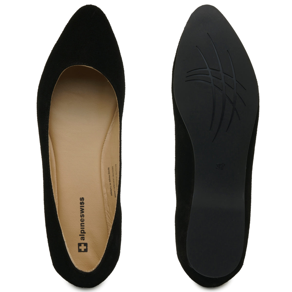 Alpine Swiss Julia Womens Leather Pointed Toe Ballet Flats Comfort Slip On Shoes – Black Suede