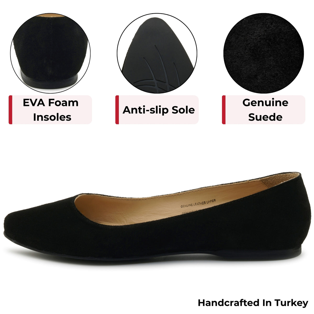 Alpine Swiss Julia Womens Leather Pointed Toe Ballet Flats Comfort Slip On Shoes – Black Suede
