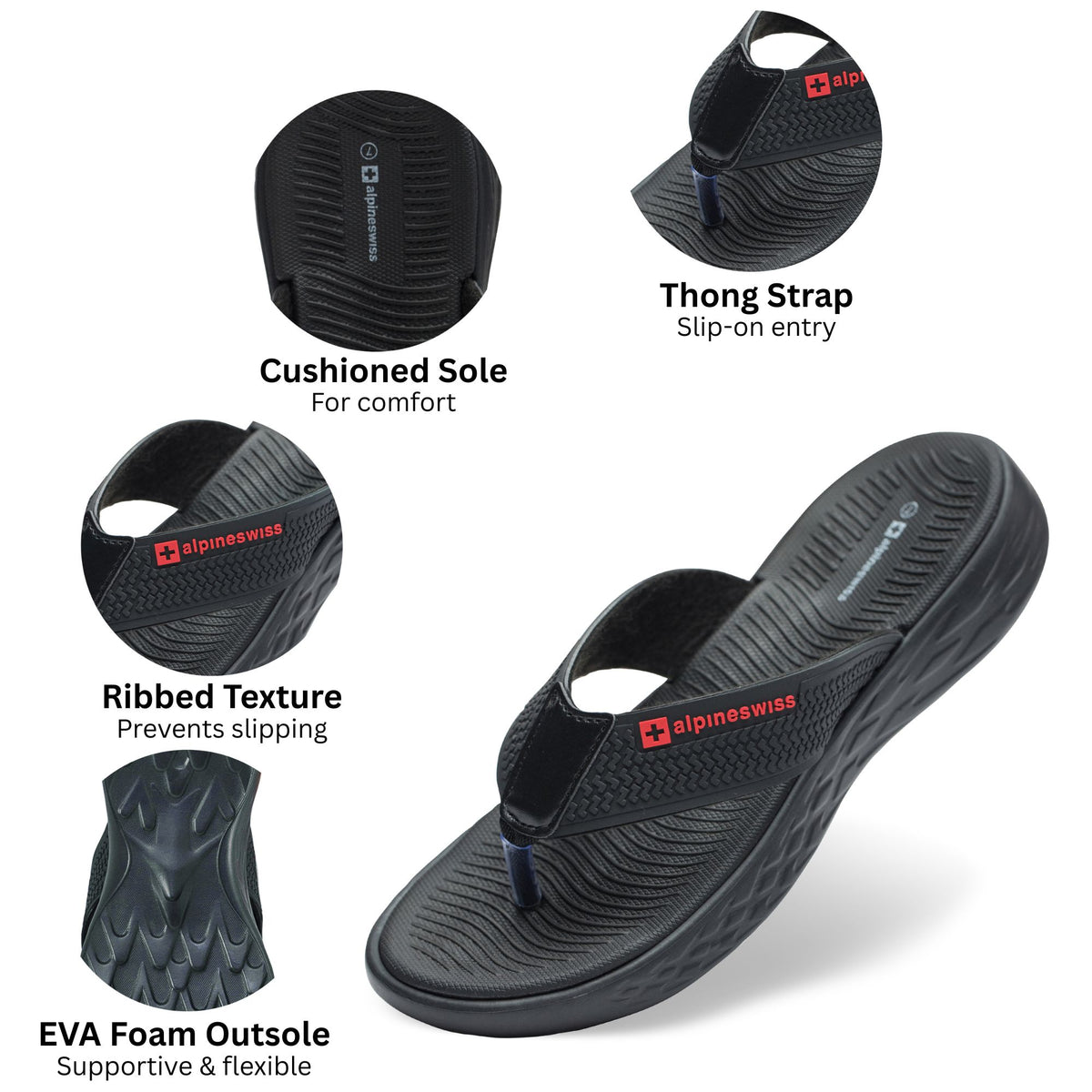 Alpine Swiss Katie Womens Flip Flops Outdoor Walking Thong Sandals Anti-Slip – Black