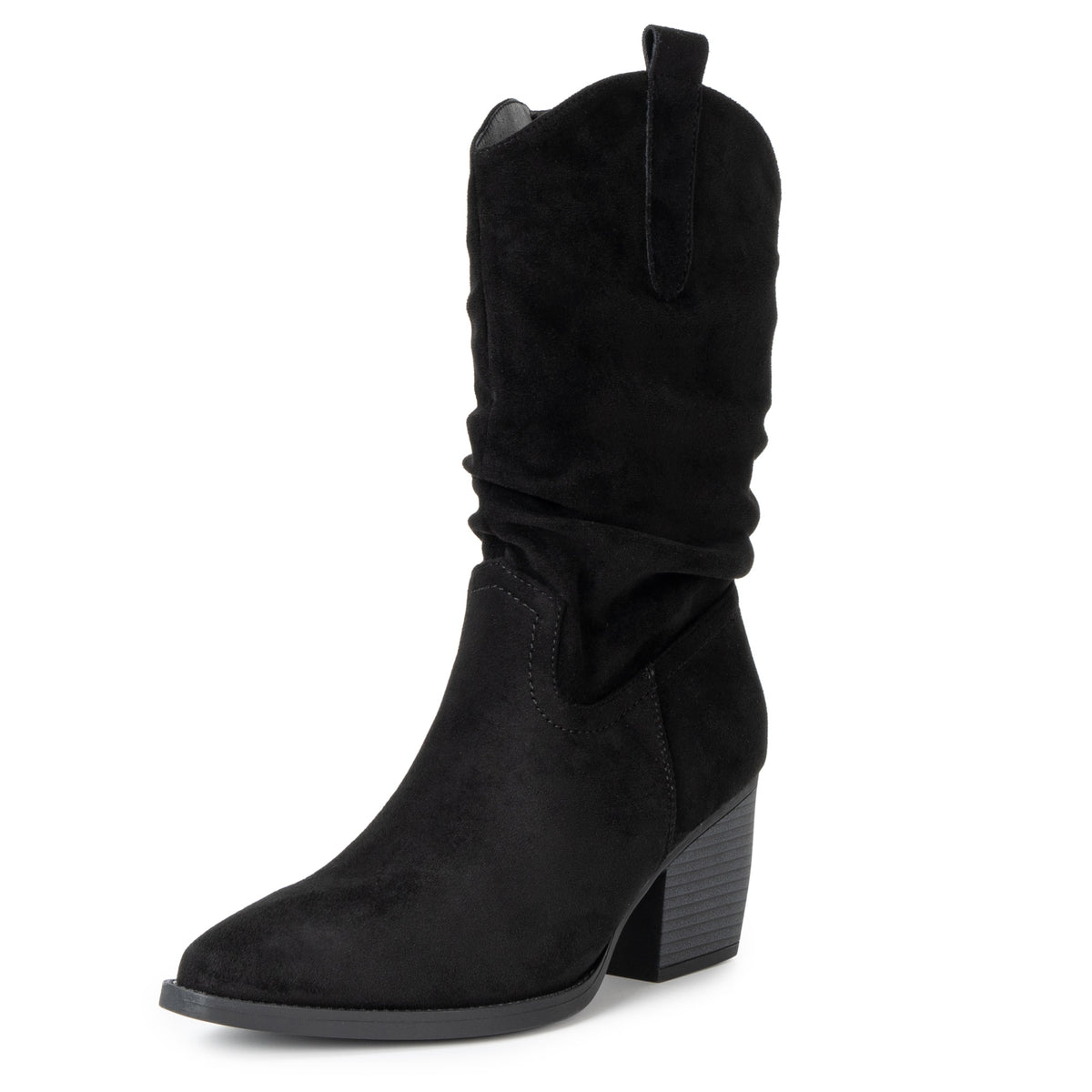 Alpine Swiss Kayla Womens Western Slouch Boots Mid Calf Block Heel Cowboy Boots – Black