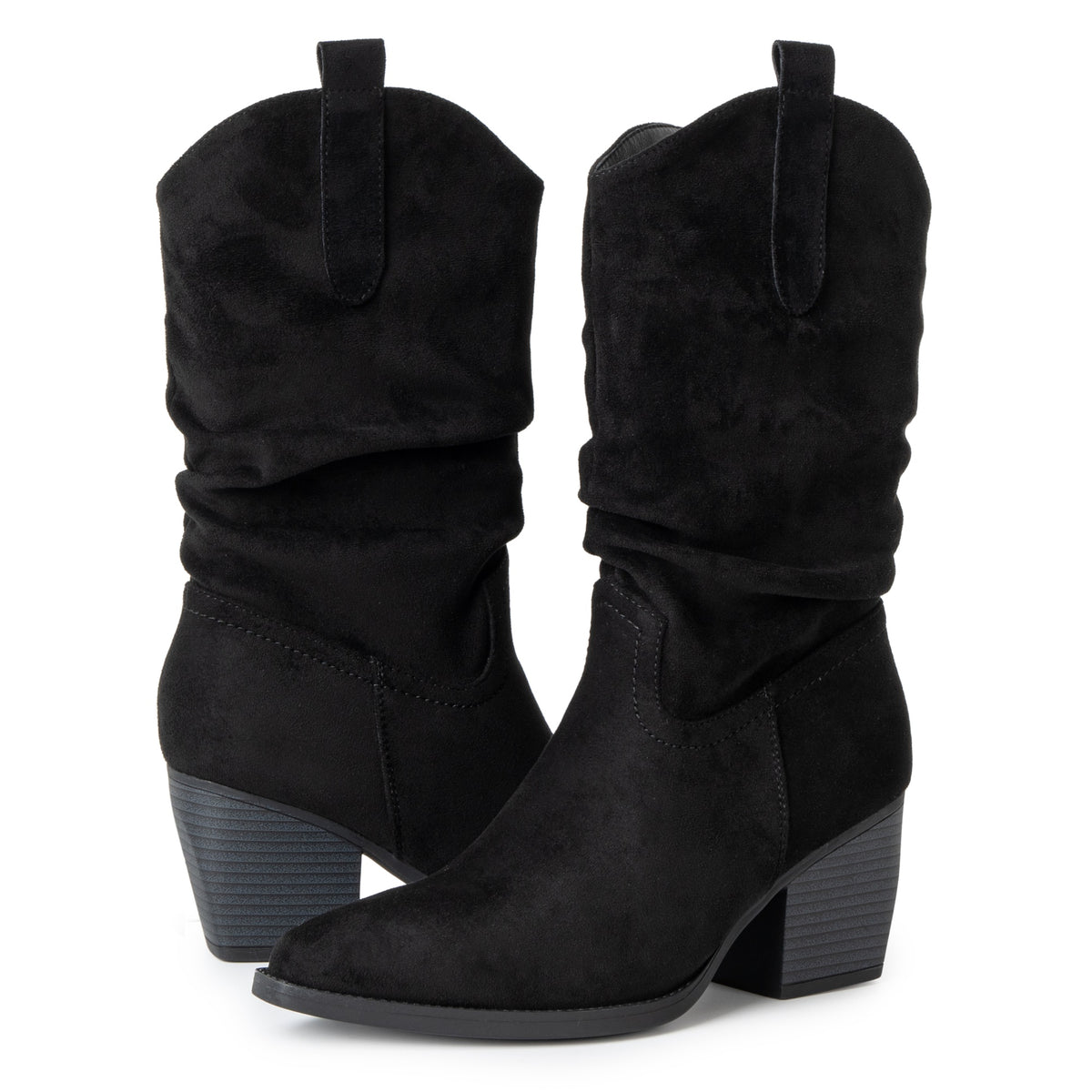 Alpine Swiss Kayla Womens Western Slouch Boots Mid Calf Block Heel Cowboy Boots – Black