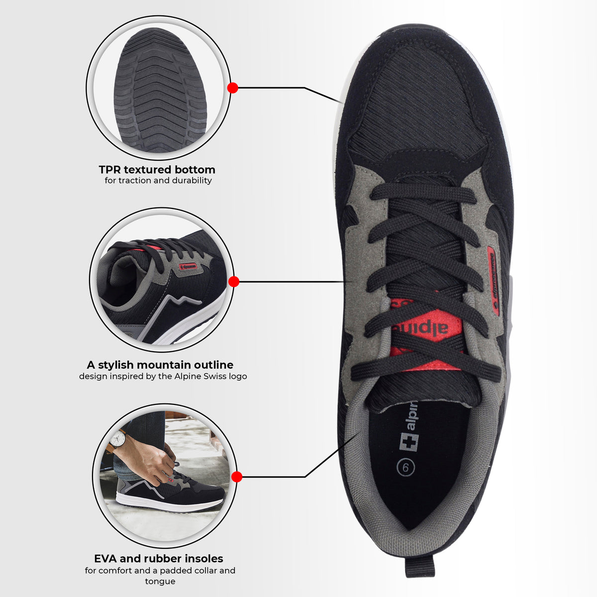 Alpine Swiss Mens Retro Sneakers Casual Low Top Lace Up Walking Tennis Shoes – Black