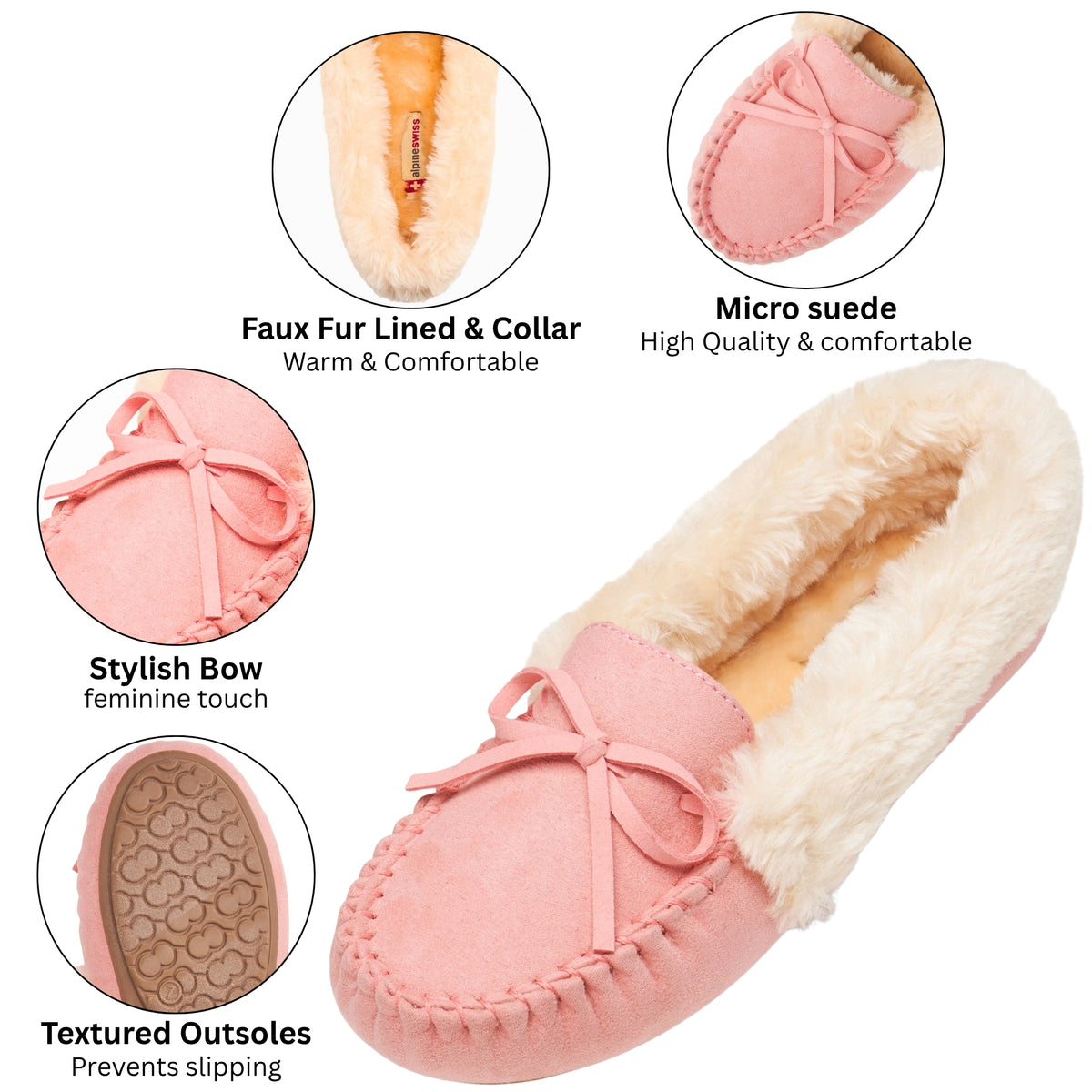Alpine Swiss Leah Women’s Moccasin Slippers – Pink