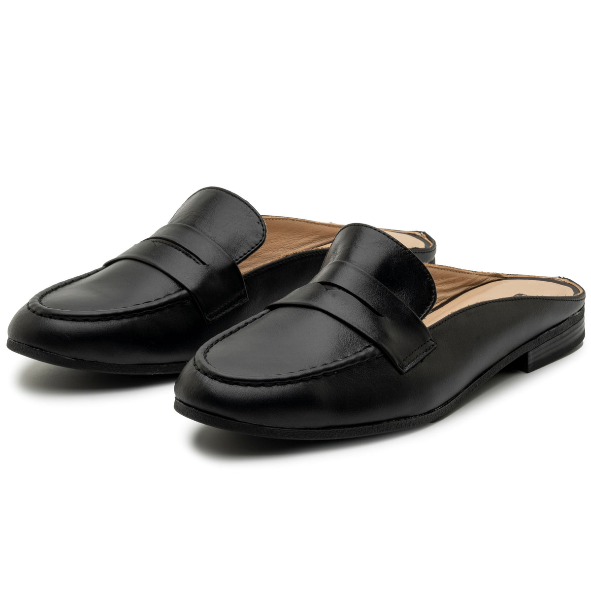 Alpine Swiss Linda Womens Leather Mule Loafers Slip On Penny Loafer Flats Slides – Black Leather
