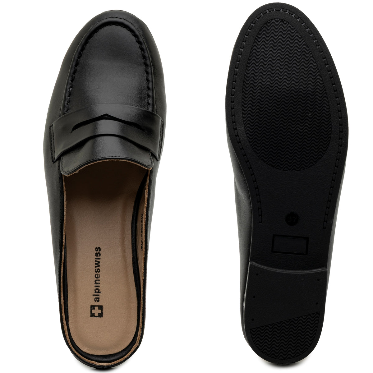 Alpine Swiss Linda Womens Leather Mule Loafers Slip On Penny Loafer Flats Slides – Black Leather