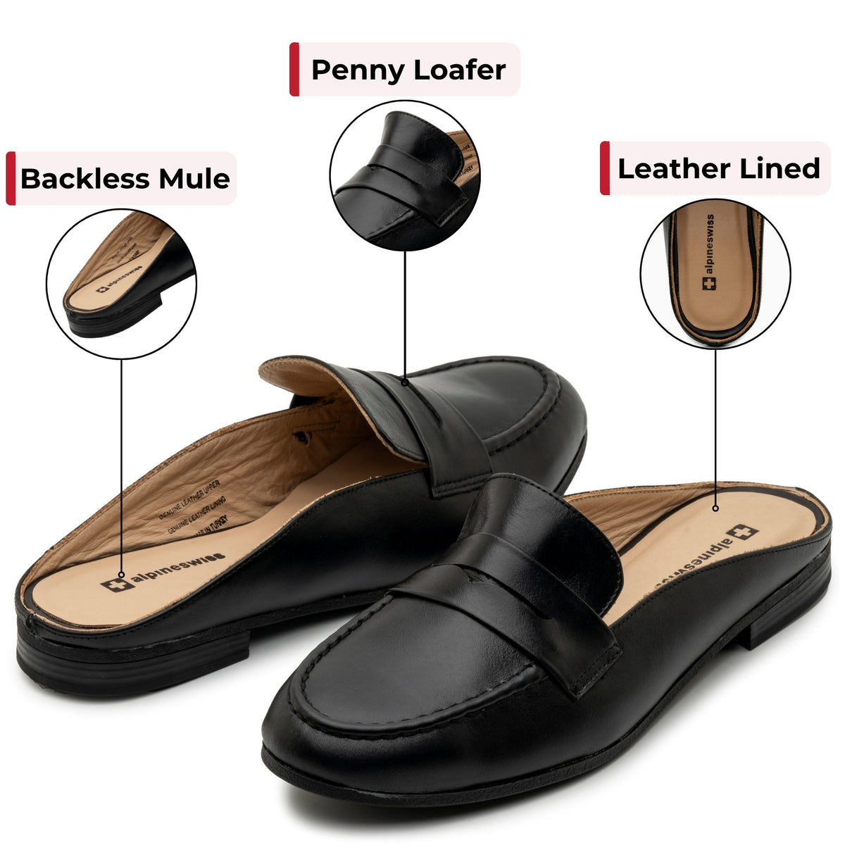 Alpine Swiss Linda Womens Leather Mule Loafers Slip On Penny Loafer Flats Slides – Black Leather