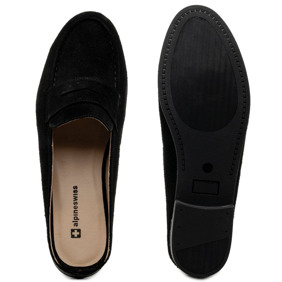 Alpine Swiss Linda Womens Leather Mule Loafers Slip On Penny Loafer Flats Slides – Black Suede