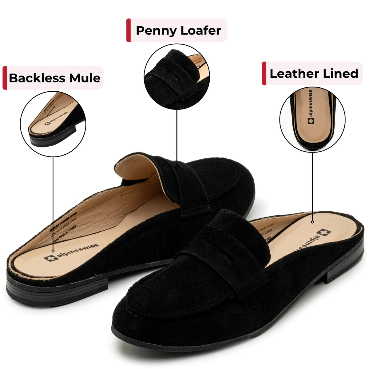Alpine Swiss Linda Womens Leather Mule Loafers Slip On Penny Loafer Flats Slides – Black Suede