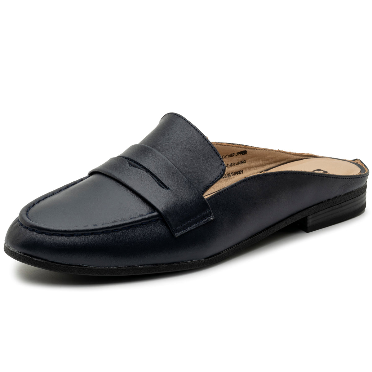 Alpine Swiss Linda Womens Leather Mule Loafers Slip On Penny Loafer Flats Slides – Navy Leather