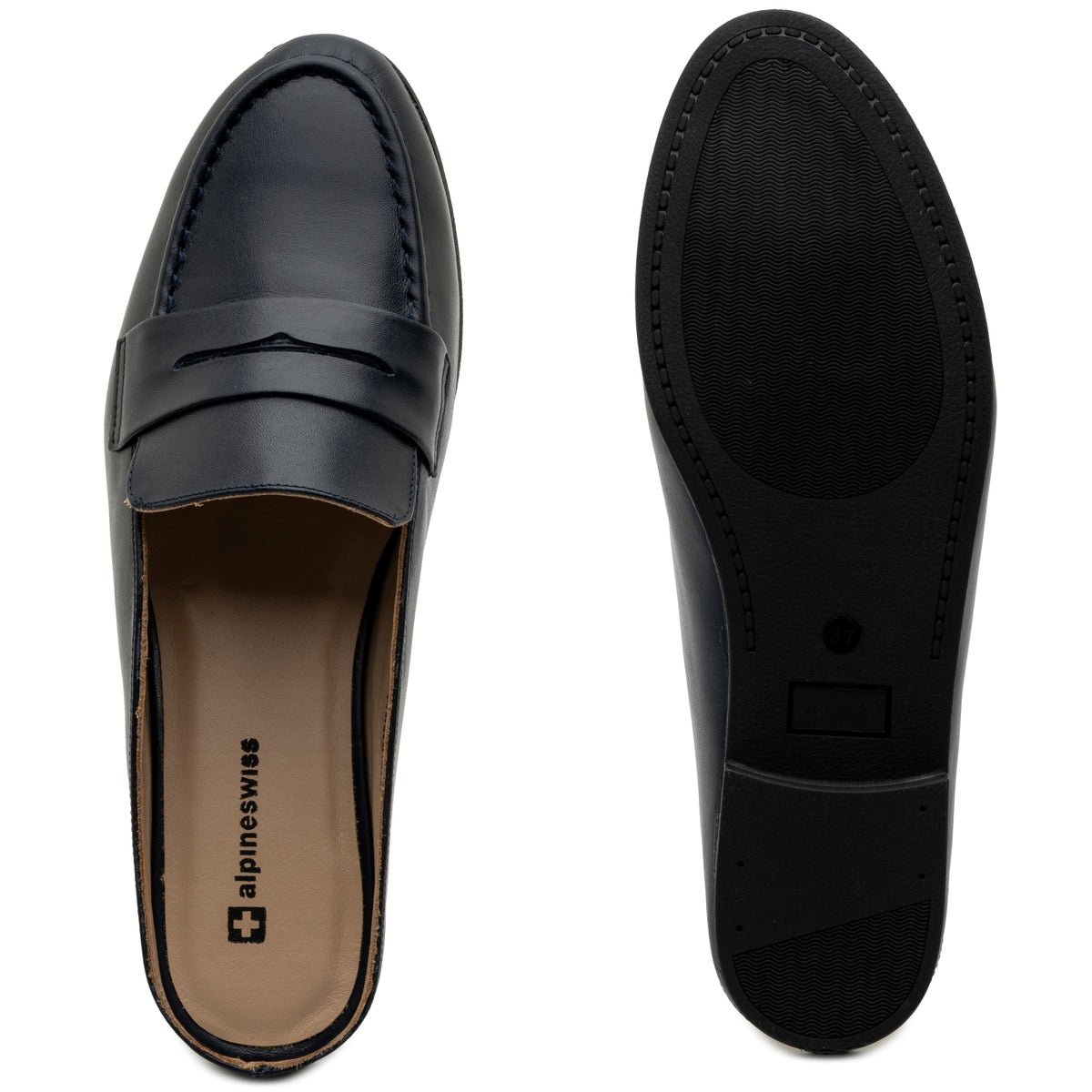 Alpine Swiss Linda Womens Leather Mule Loafers Slip On Penny Loafer Flats Slides – Navy Leather