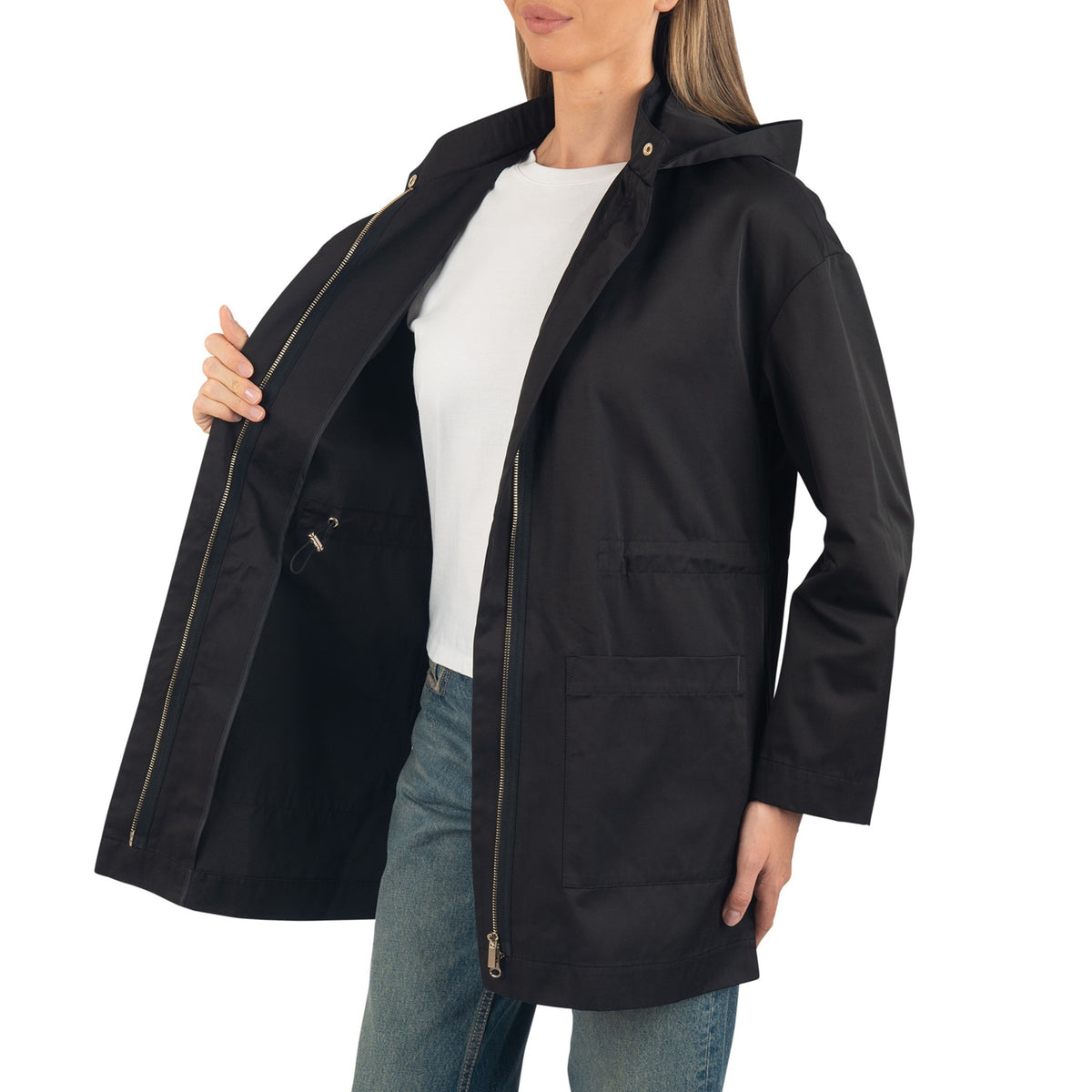Alpine Swiss Lorie Womens Rain Jacket Removable Hood Long Rain Coat Trench Coat – Black