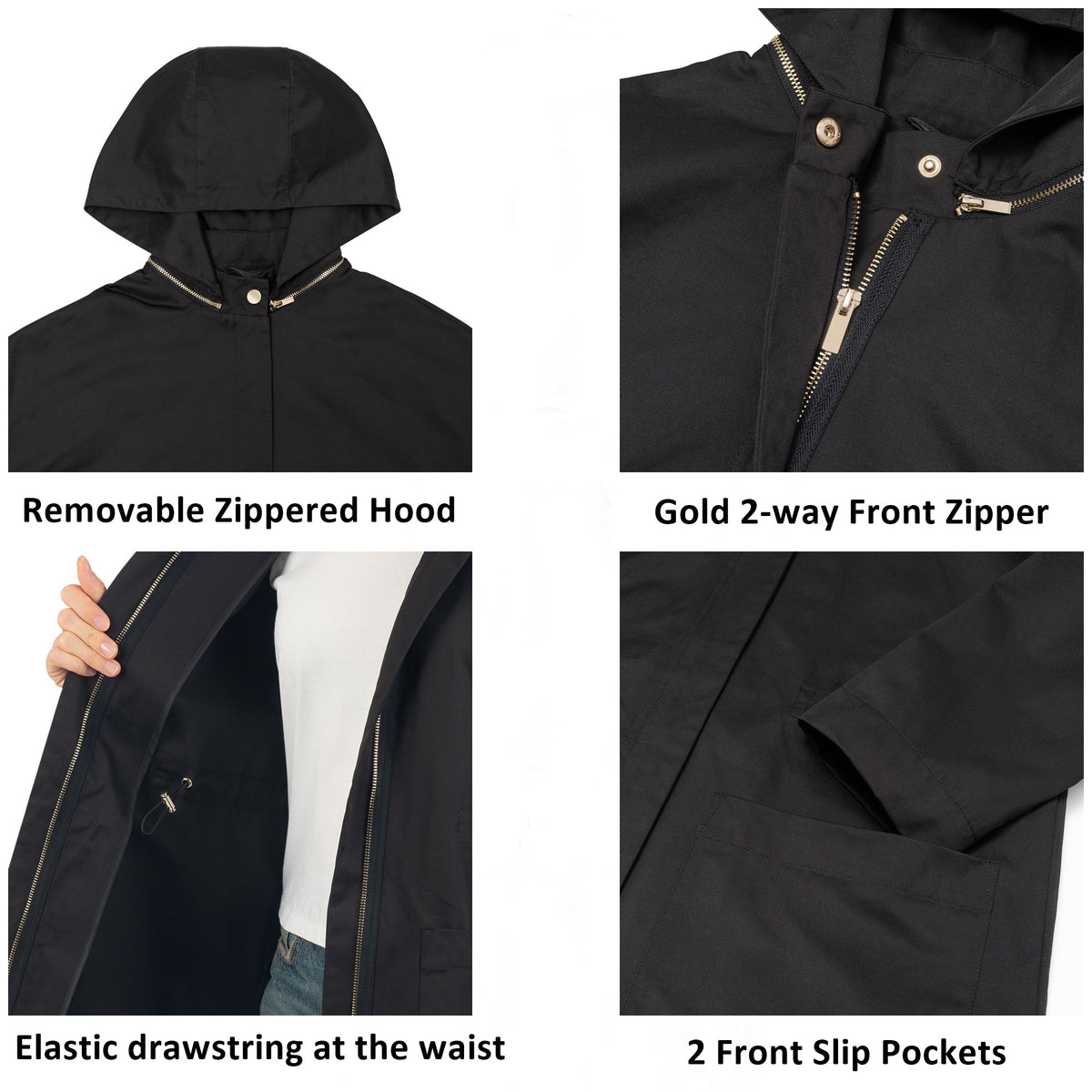 Alpine Swiss Lorie Womens Rain Jacket Removable Hood Long Rain Coat Trench Coat – Black